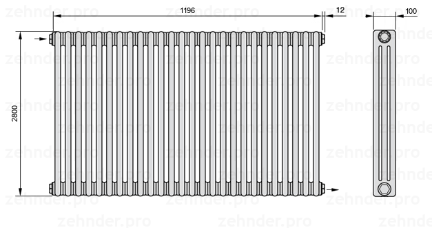 Схема (чертеж) Радиатор Zehnder Charleston 3280/26 №1670 Белый глянцевый RAL 9016